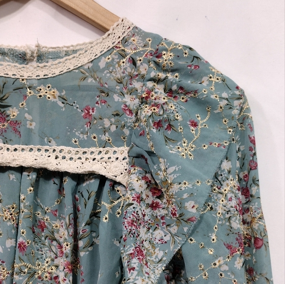 Sunday Seoul Floral Eyelet Babydoll Top Women's S Blue Artsy Cottagecore Retro - Picture 3 of 10